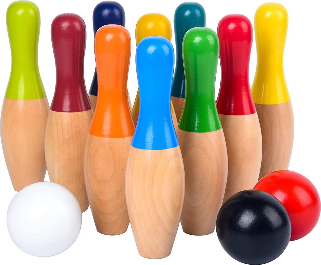 WODI Wood Bowling Backyard Games Wooden Pins Balls,and Mesh Carrying Bag Educational Games Indoor and Outdoor Toys Family Fun for Kids Toddlers and Adults