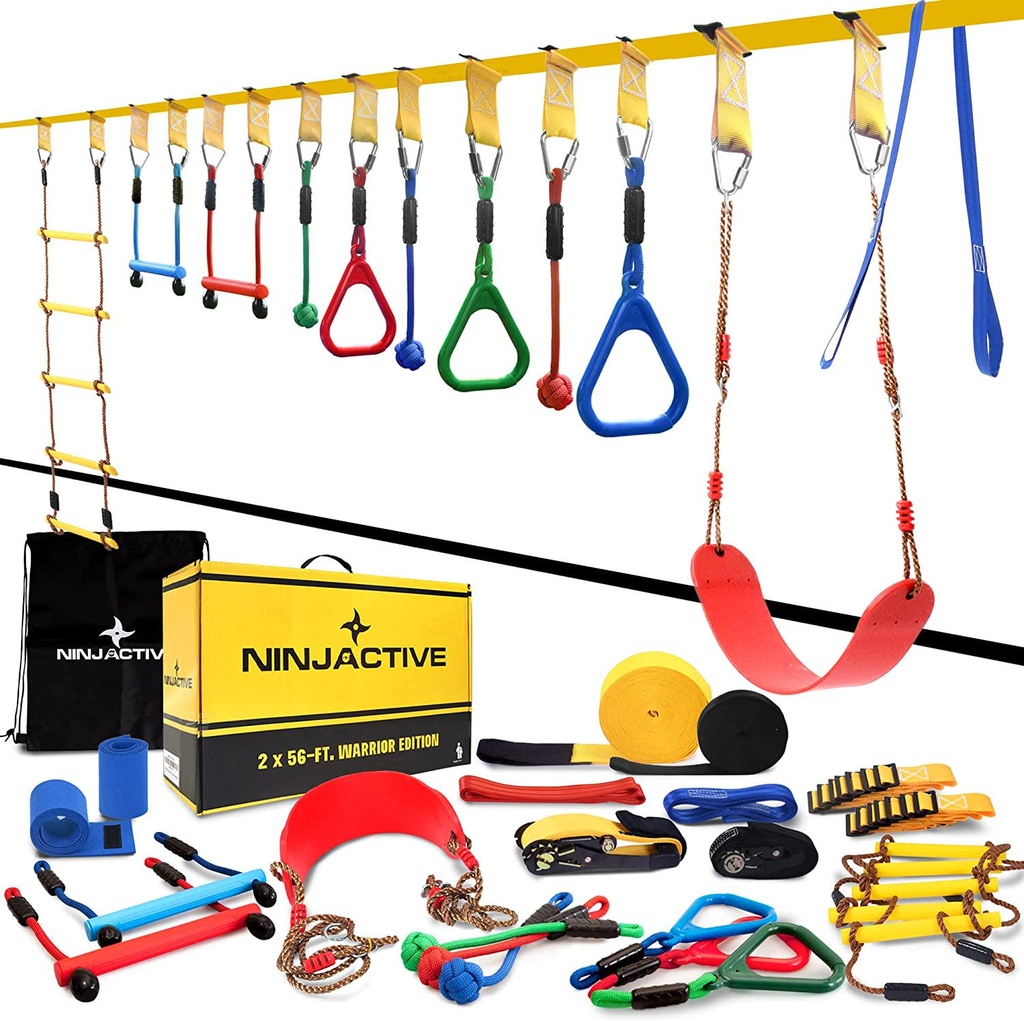 NINJACTIVE Ninja Slackline Warrior Obstacle Course for Kids with 4 Play Modes, 2 Slack Lines - 2x56 Weatherproof Ninja Course with 12 Attachments Like Swing, Arm Trainer - Durable Outdoor Course