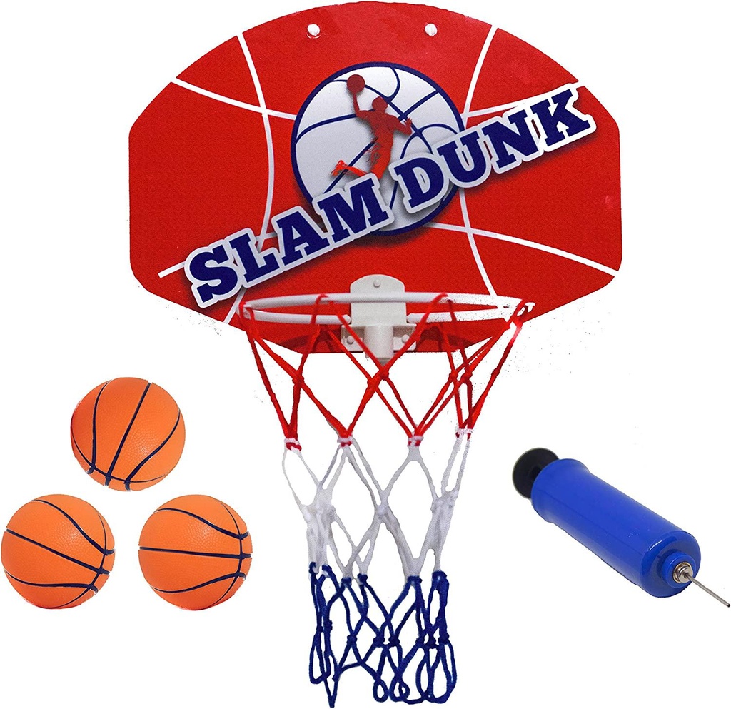 Kipi Toys Slam Dunk Mini Basketball Hoop Set-Over The Door Plastic Toy Backboard 14 X 10 with Net, 3 Ball Pump. Simple Assembly, Easy Clip-on Mount Game for Kids Children Or Adults