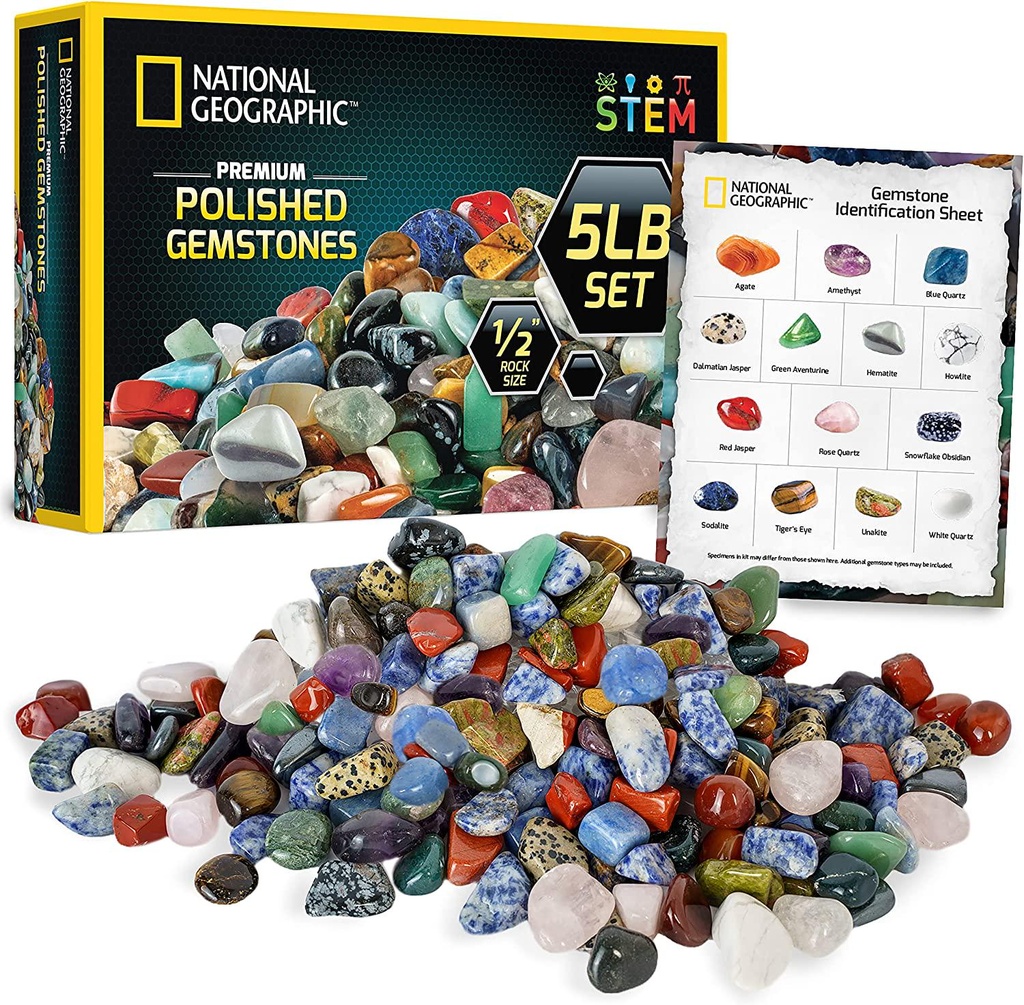 NATIONAL GEOGRAPHIC Premium Polished Stones - 5 Pounds of 1/2-Inch Tumbled Stones and Crystals Bulk, Arts and Crafts, Rock and Mineral Kit, Rocks for Kids, STEM Toys