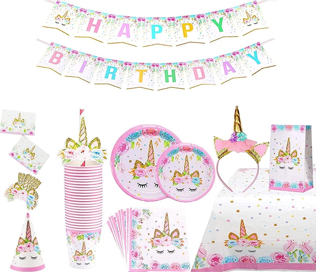 [195pcs] Unicorn Birthday Decorations for Girls | Unicorn Party Supplies Set and Tableware Kit Includes Plates, Napkins, Cups, Straws, Bamboo Cutlery - Serves 16