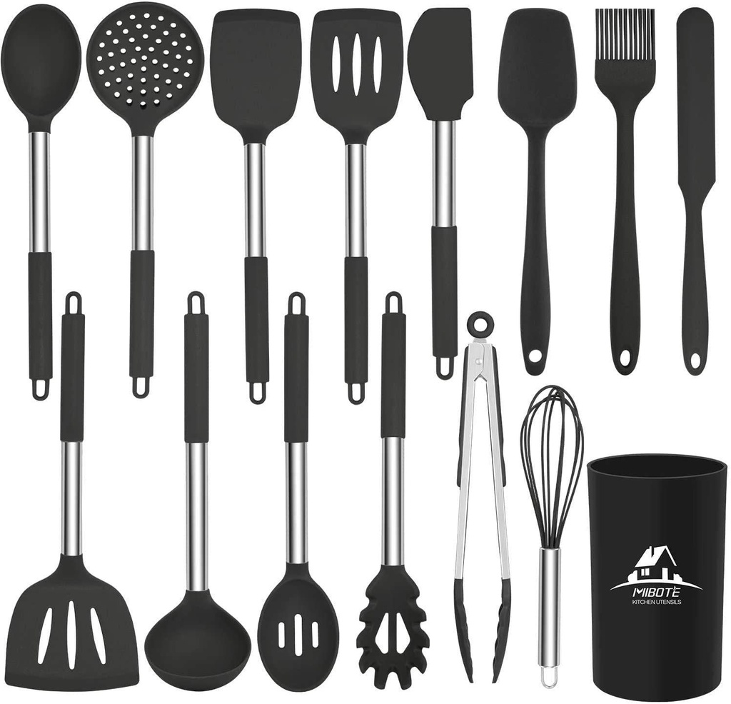 Mibote 15 Pcs Silicone Kitchen Utensils Set, Cooking Utensils Set with Heat Resistant BPA-Free Silicone and Stainless Steel Handle Kitchen Tools Set (Black)