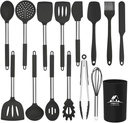 Mibote 15 Pcs Silicone Kitchen Utensils Set, Cooking Utensils Set with Heat Resistant BPA-Free Silicone and Stainless Steel Handle Kitchen Tools Set (Black)
