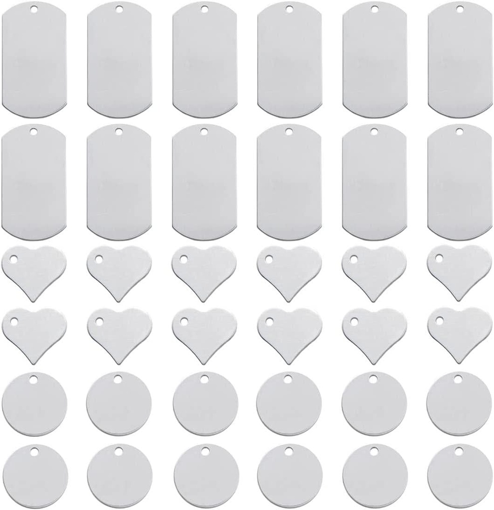 ABBECIAO 42 Pack-Metal Stamping Blanks-Love Heart, Dog Tags, Aluminum Round Blanks Craft Making 0.06 Inch Thick