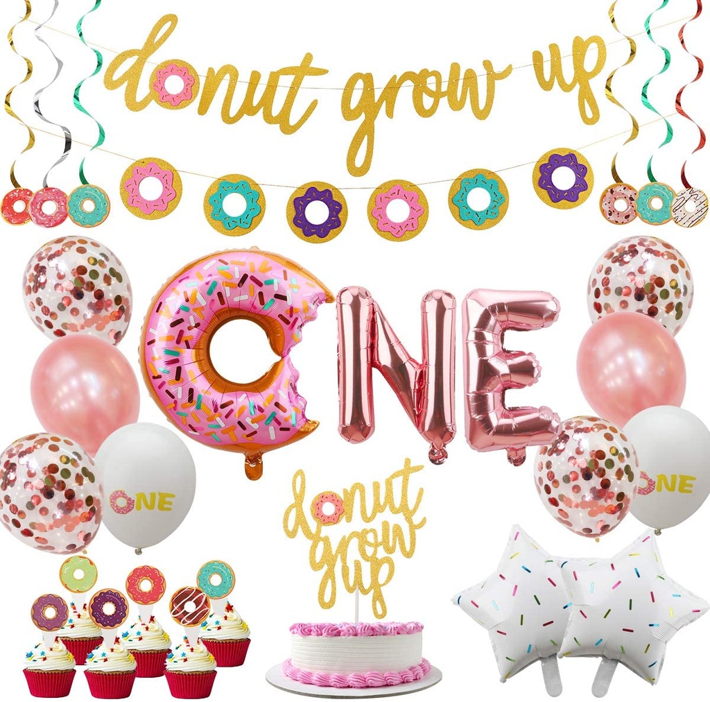 Donut First Birthday Party Decoration Supplies Kit, 37Pcs, 1st Birthday Decorations, Including Donut One Foil Balloon, Donut Banner, Donut Grow up Banner, Cake Topper, Swirl, Star Foil, Latex Balloon