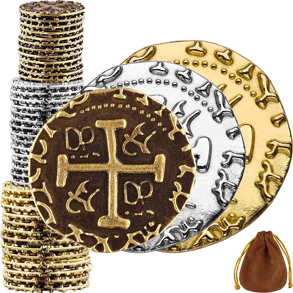Pirate Coins - 36 Bronze, Silver and Gold Treasure Coin Set, Metal Replica Spanish Doubloons for Board Games, Tokens, Cosplay - Realistic Money Imitation, Pirate Treasure Chest - M, L. XL Sizes Mix