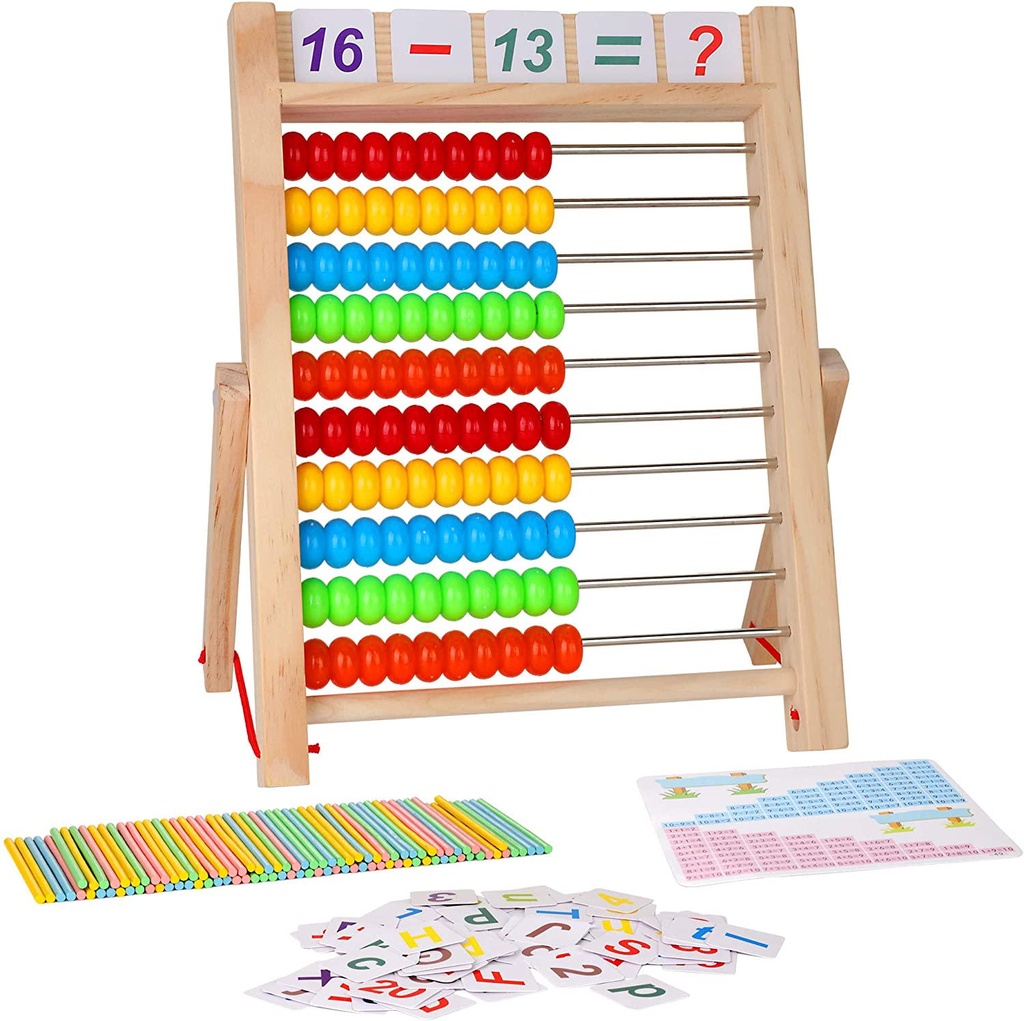 KIDWILL Kids Learning Toy, 10-Row Wooden Frame Abacus with Multi-Color Beads, Counting Sticks, Number Alphabet Cards, Manipulative Math Calculating Tool Gift for 3+ Old Boys Girls