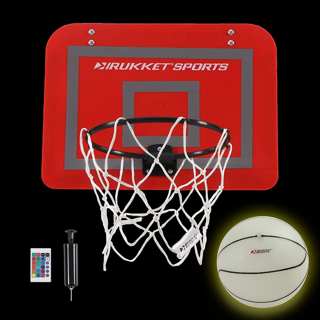 Rukket Over The Door Basketball Hoop with Light-Up Net and Glow in The Dark Ball, Slam Dunk Door Mounted Indoor Basketball Hoop Set with Multi-Color LED Net, Basketball Toy for Kids and Adults