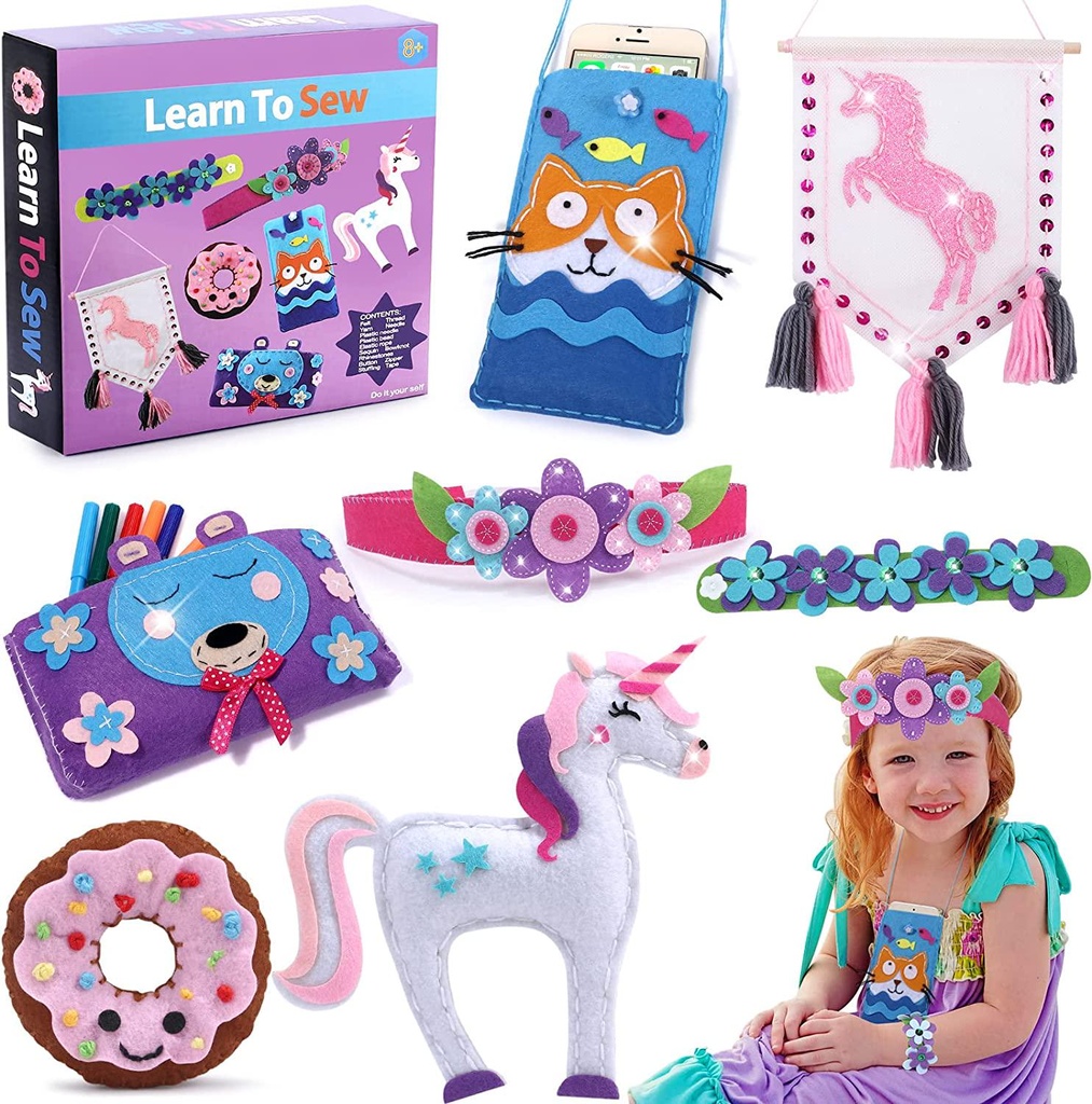 G.C Beginner Sewing Kit for Kids Felt Craft Kit 7Pcs Cute Sewing Patterns DIY Stuffed Unicorn Learn to Sew Craft Kits Art Supplies Set Girls Gifts