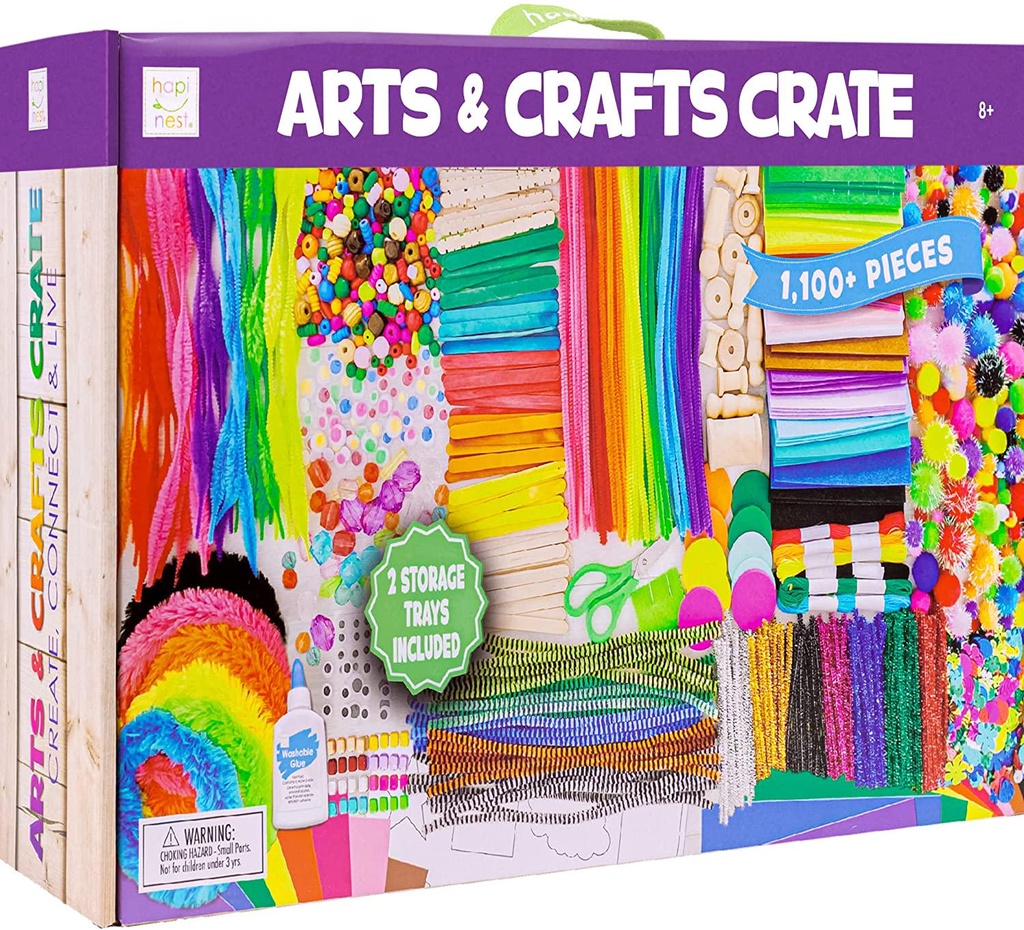 Hapinest Arts and Crafts Crate Kit 1100+ Pieces Bulk Crafting Supplies Box for Kids Boys and Girls Ages 4 5 6 7 8 9 10 11 12 Years Old - Complete Art Kit with Two Storage Trays