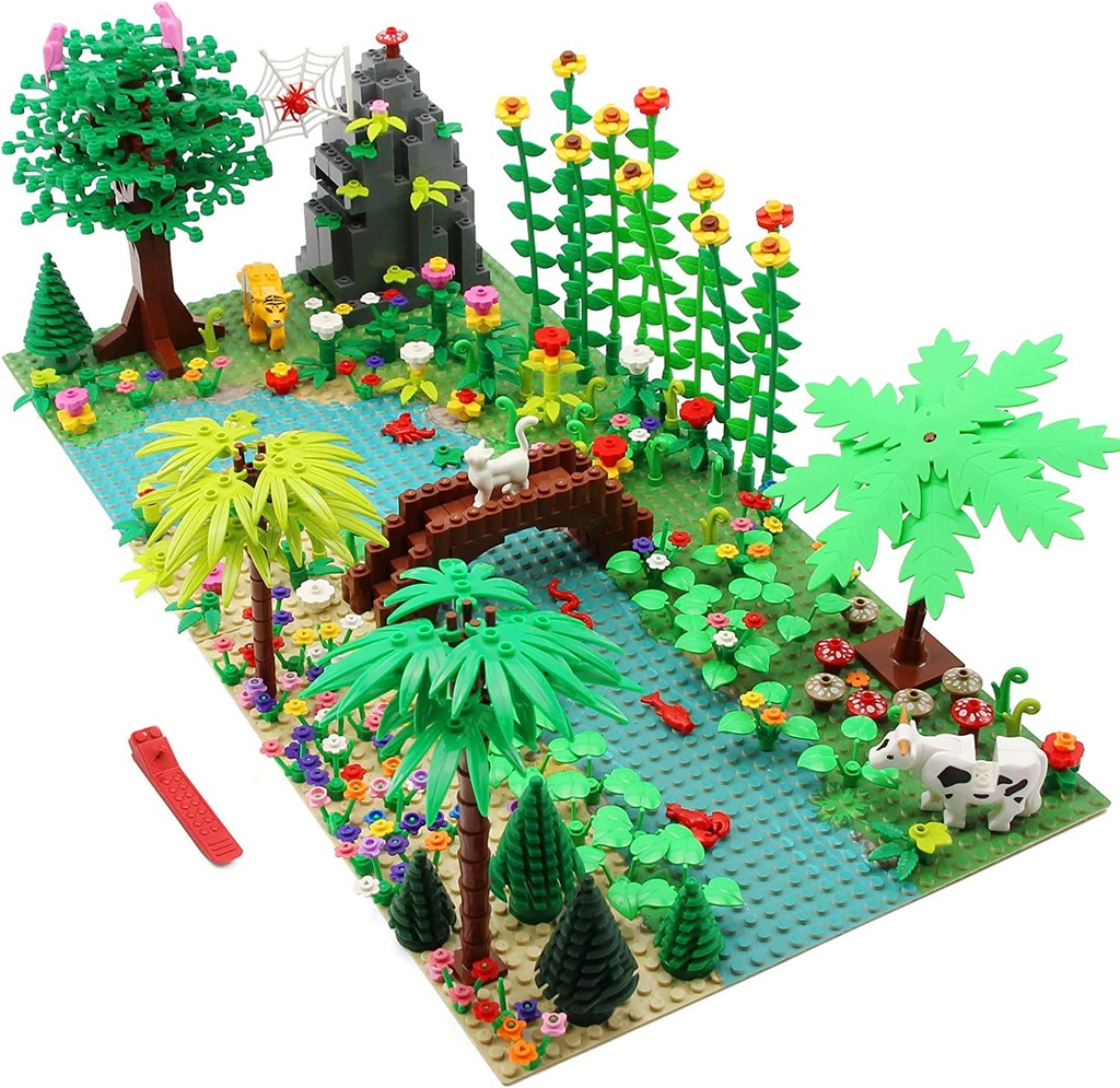 Feleph Jungle Toy Set Garden Classic Building Blocks with 2 Baseplates, Bridge Plants Trees Flowers Animals Cow Bricks, Forest Scenery Kit Compatible with Major Brands