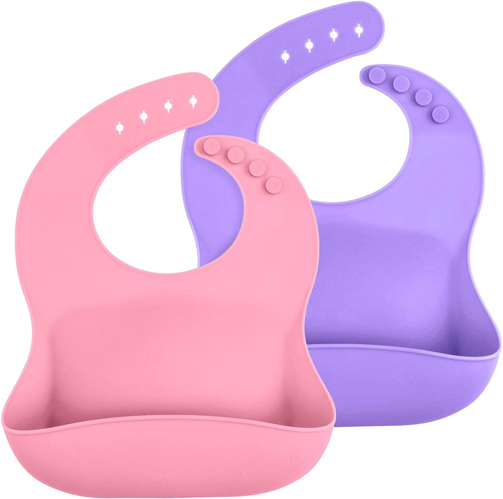 WeeSprout Waterproof Silicone Baby Bibs - Set of 2, Easy to Clean, Soft and Comfortable, for Boys and Girls, Wide Pocket Catches Food, Adjustable and Toddler Proof