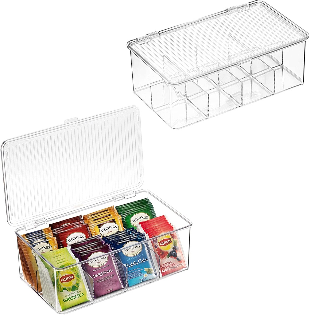 2 Pack Stackable Plastic Tea Bag Organizer - Storage Bin Box for Kitchen Cabinets, Countertops, Pantry - Holds Beverage Bags, Cups, Pods, Packets, Condiment Accessories Holder