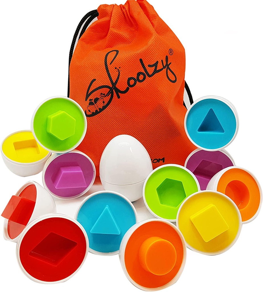 Skoolzy Shapes Toddler Games Egg Toy Learning Colors and Geometric Shapes Matching Preschool Toys Puzzles for 2, 3, 4 year olds - Montessori Fine Motor Skills Sorting Educational Easter Eggs and Bag