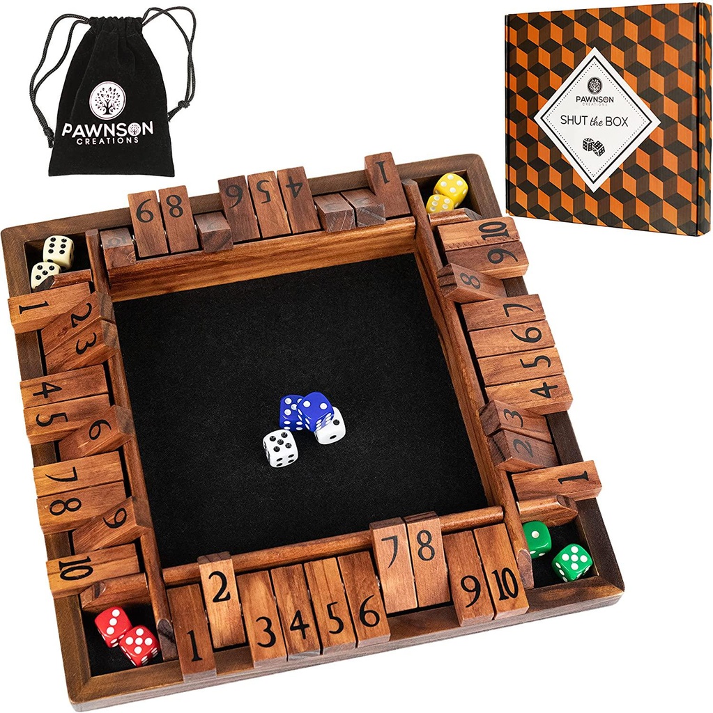 Shut The Box Game Wooden 4 Player - 12 Classic Dice Board Game for Adults Kids - 10 Numbers Math Game Box - Black Felt - Cover Case