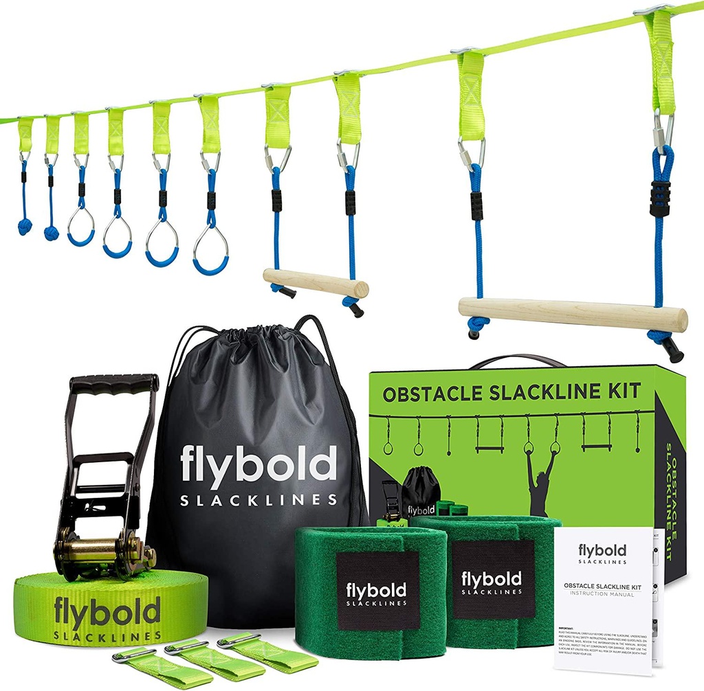 Ninja Obstacle Course Line Kit 40' Slackline 8 Hanging Obstacles with Adjustable Buckles Tree Protectors Instruction Booklet Carry Bag Capacity 300lbs Outdoor Backyard Fun for Kids Adults Family