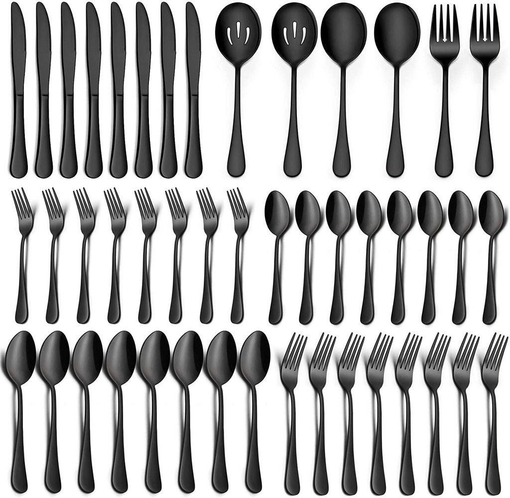 LIANYU 46-Piece Black Silverware Flatware Set for 8, Stainless Steel Flatware with Serving Utensils, Elegant Cutlery Tableware Includes Forks Spoons Knives, Mirror Polished