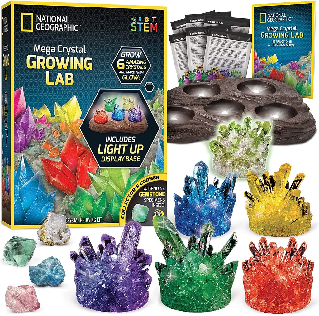 NATIONAL GEOGRAPHIC Mega Crystal Growing Lab Grow 6 Vibrant Crystals, Crystals Grow Fast in 3-4 Days, Includes Light-Up Display Stand, Full-Color Learning Guide, and 4 Genuine Crystal Specimens