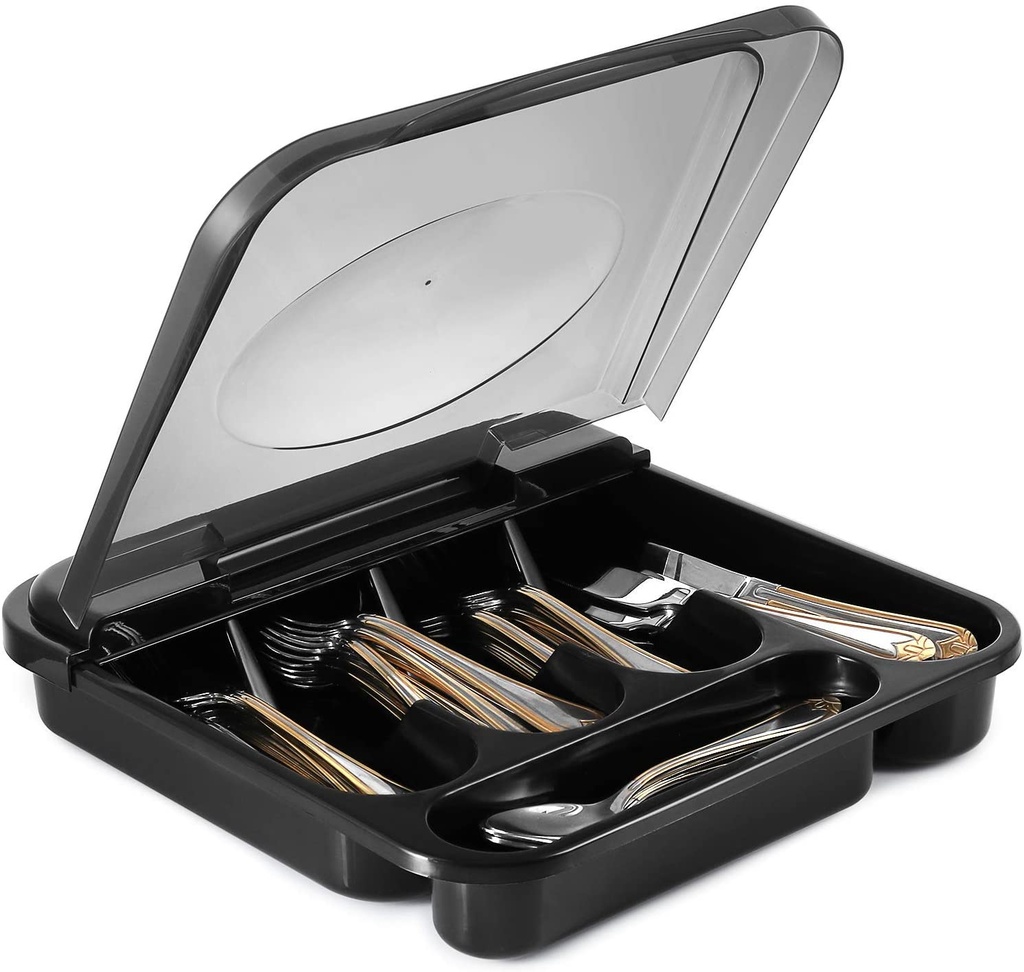 Zilpoo Flatware Plastic Tray with Hinged Lid, Kitchen Cutlery and Utensil Holder Organizer, 5 Compartment Silverware Storage Bin with Attached Cover Top