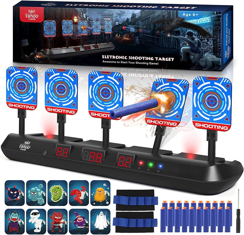 Lehoo Castle Nerf Target, 5 Electronic Digital Target for Nerf Guns, Shooting Targets with Auto-Reset, Scoring Target Includes 20 Bullets, Hand Wrist Bands, Stickers, Outdoor Game for Boys Girls
