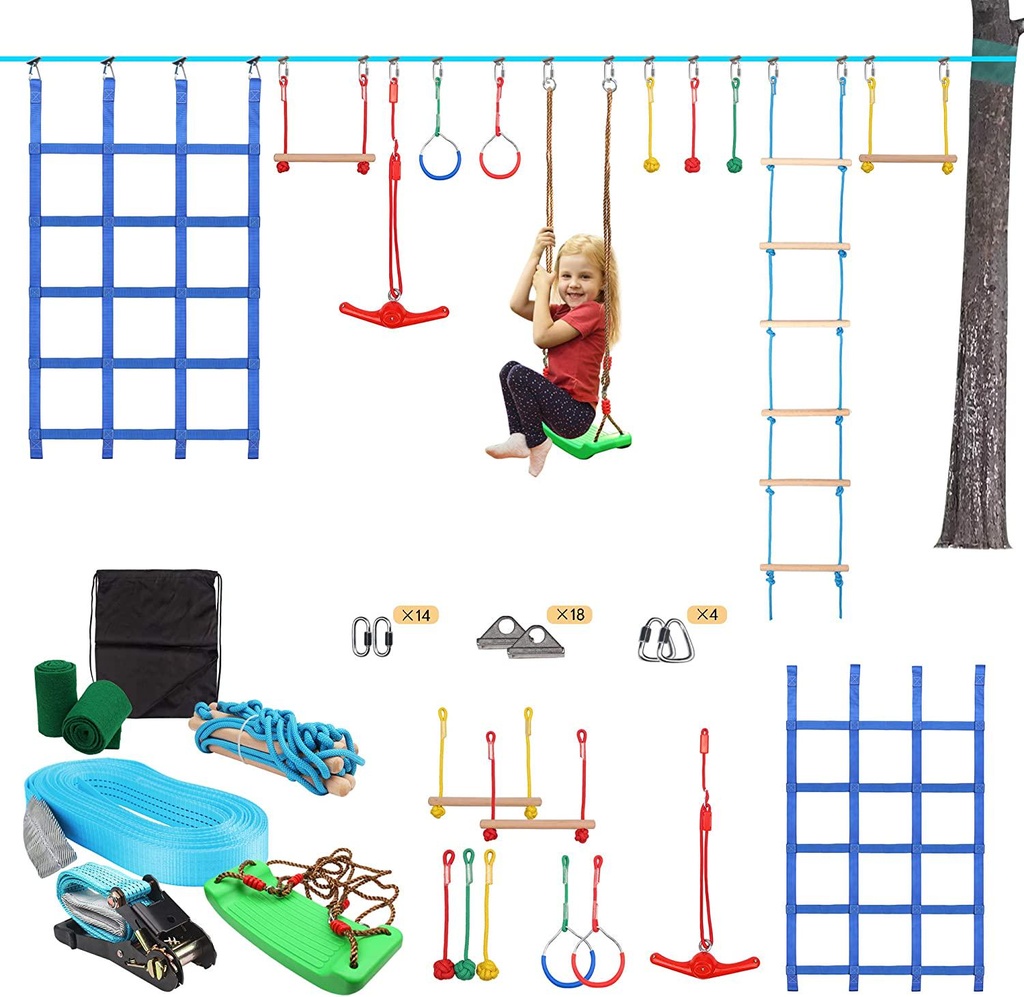 PAOLFOX Ninja Warrior Obstacle Course Kids 50 Slackline 52 PCS Wheel Trapeze Swing Plus Webbing Ladder Rope Knots Set Outdoor