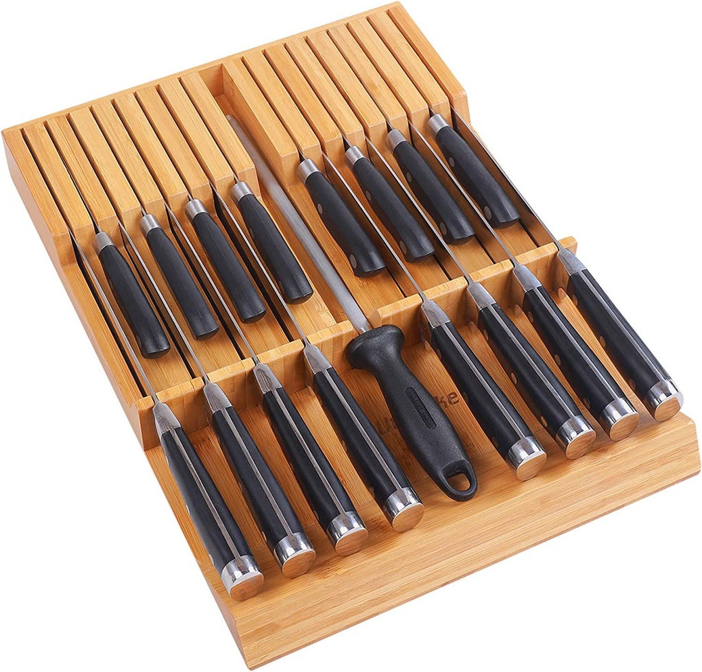 Utop in-Drawer Knife Block Bamboo Kitchen Knife Drawer Organizer,Large Handle Steak Knife Holder Without Knives, fit for 16 Knives and 1 Sharpening Steel (16 Knife Organizer)