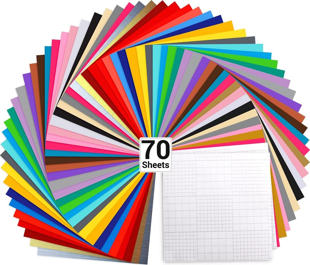 Vinyl Sheets, Ohuhu 70 PACK Permanent Adhesive Backed Vinyl Sheets Set, Vinyl Sheets 30.5 x 30.5cm/12 x 12 + Transfer Tape Sheets for Cricut, Silhouette Cameo, and Other Craft Cutters