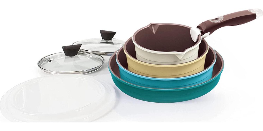 Neoflam Midas 9pc Nonstick Ceramic Cookware Set, PFOA Free Kitchenware with Saucepan, Frying Pan, Stove|Oven Pot, Tempered Glass Lids and Smart Detachable Handle, Oven Safe, Space-Saving, Misty Forest