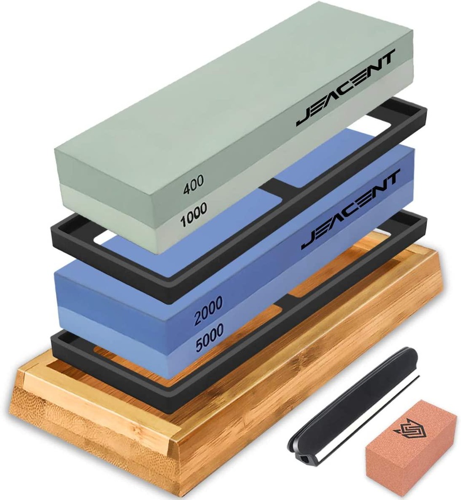Jeacent Knife Sharpening Stone, 400/1000 2000/5000 Double Side Grit Whetstone Sharpener, Best Kitchen Blade Sharpener Stone with Non-Slip Bamboo Base, Correction Stone and Angle Guide