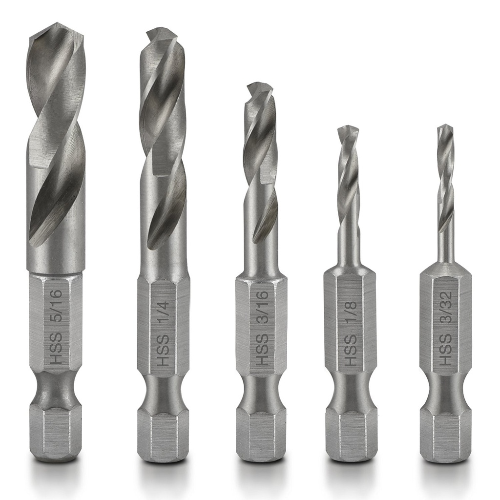 NEIKO 11402A Stubby Drill Bit Set for Metal | 5 Piece | 1/4 Quick Change Hex Shank | M2 High Speed Steel | for Quick Change Chucks and Drives | Drill Bit Holder Included