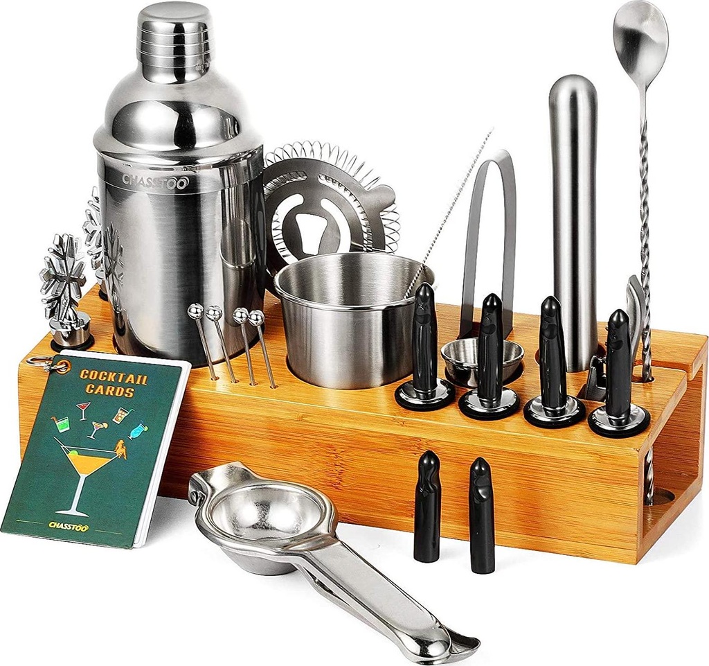 CHASSTOO Cocktail Set 28 Pieces Cocktail Shaker Set with Stand, Mixology Bartender Kit, Large Stainless Steel Bar Tools Set with Cocktail Recipe Cards, Professional Bar Accessories for Home Mixing