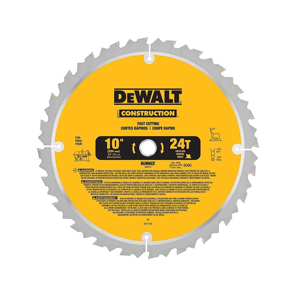 DEWALT 10-Inch Miter/Table Saw Blade, ATB, Thin Kerf, 5/8-Inch Arbor, 24-Tooth (DW3112)