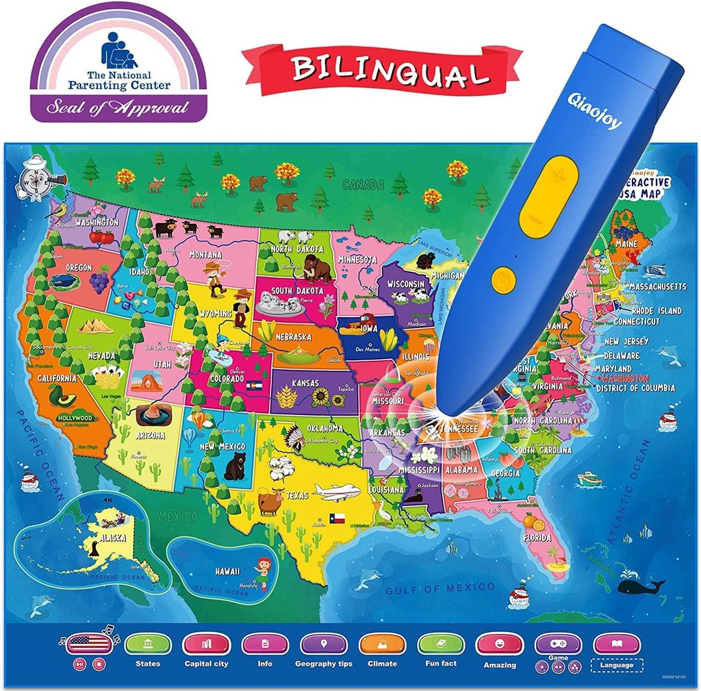 QiaojoyÂ Interactive Kids Map BilingualÂ United States MapÂ for Kids Learning, Educational Talking USA Map Learning Toys withÂ 2000 GeographyÂ Facts,Â Customizable Personalized Kids Gift for Ages 3-12Â