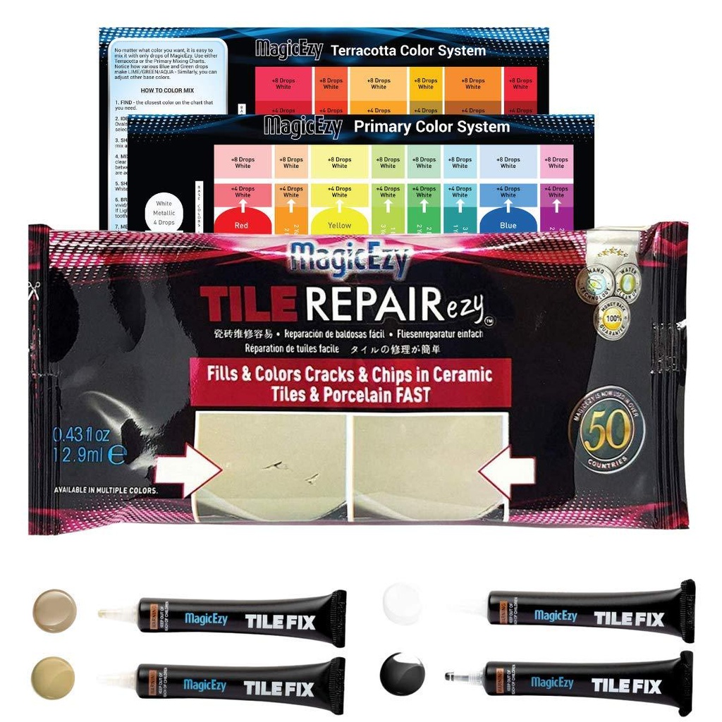 MagicEzy Tile RepairEzy (The Neutrals Kit) - Porcelain Tile Repair Kit - Fix Cracked or Chipped Ceramic Tiles Fast - Thick Structural Repair Filler, Putty and Adhesive for Tiles