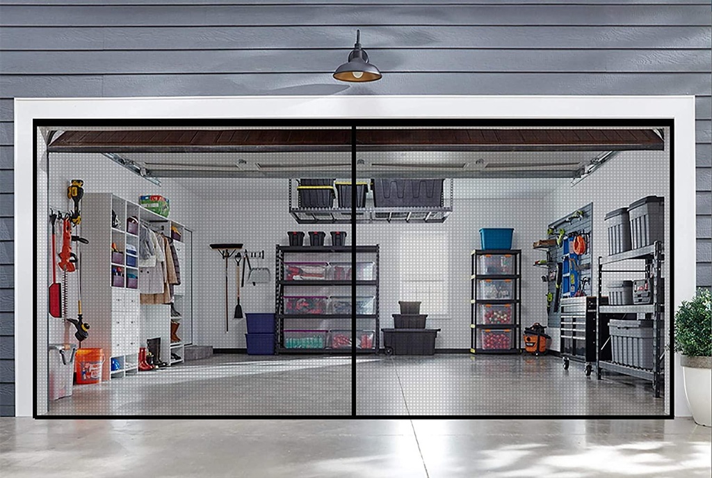 Garage Door Screens - 2 Car Door 16x7 ft - Bottom of The Screen is Weighted - Self Sealing Fiberglass Mesh Magnetic Closure for Quick Entry-Easy to Install. (16X7FT, Black)