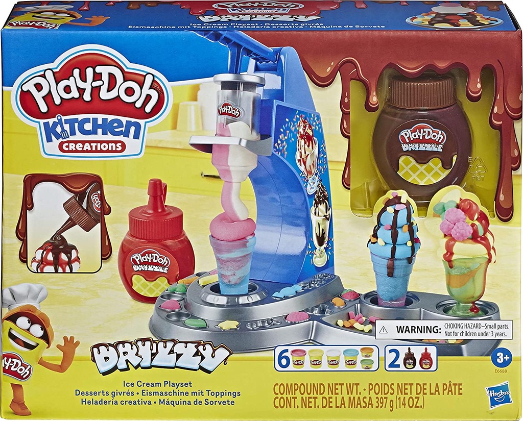 Play-Doh - Kitchen Creations - Drizzy Ice Cream Playset - Inc Drizzle compound and 6 tubs of Non toxic PlayDoh Dough - sensory and educational craft toys for kids, boys, girls - Ages 3+