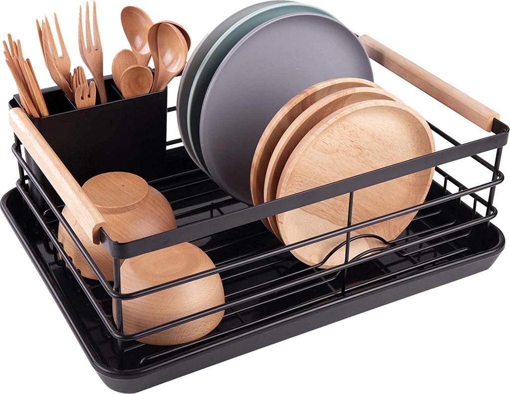 BRIAN and DANY Stainless Steel Dish Drying Rack Over Sink for Kitchen 40×28×14.5cm, Dish Drainer w/Wooden Handle and Removable Thickened Cutlery Tray (Black)