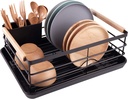 BRIAN and DANY Stainless Steel Dish Drying Rack Over Sink for Kitchen 40×28×14.5cm, Dish Drainer w/Wooden Handle and Removable Thickened Cutlery Tray (Black)
