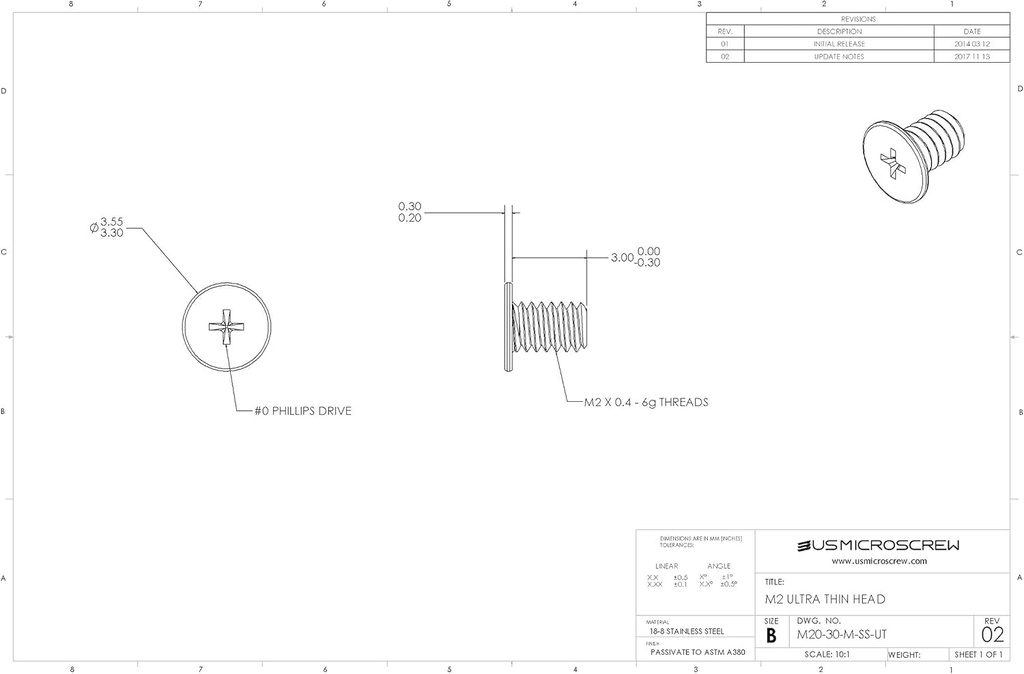 M2-0.4 X 3Mm Machine Screw Stainless Steel Ultra Thin Head Phillips Drive (100 Pcs) - M20-30-M-SS-UT