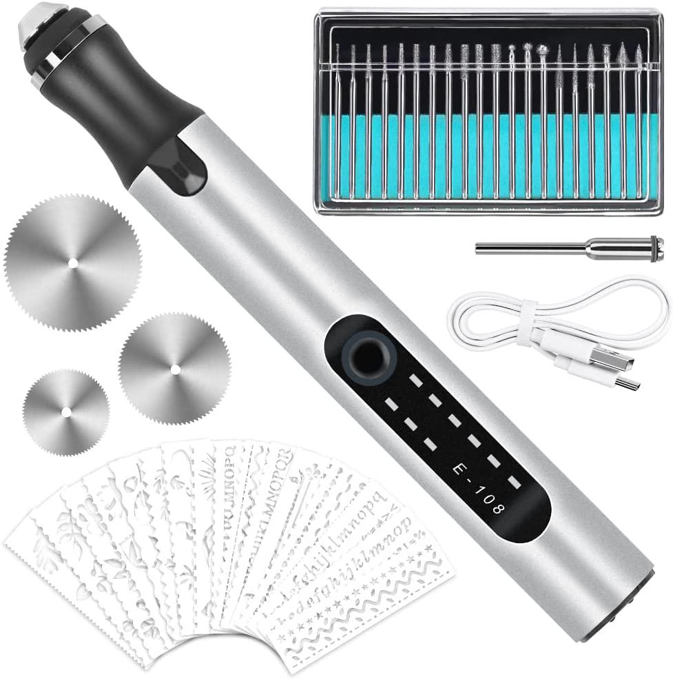 Engraving Pen, Electric Engraving Tool Kit USB Rechargeable Engraver Etching Pen Micro Cordless Carve Tool for DIY Art Carving Glass Wood Metal Stone Plastic Nails Jewelry