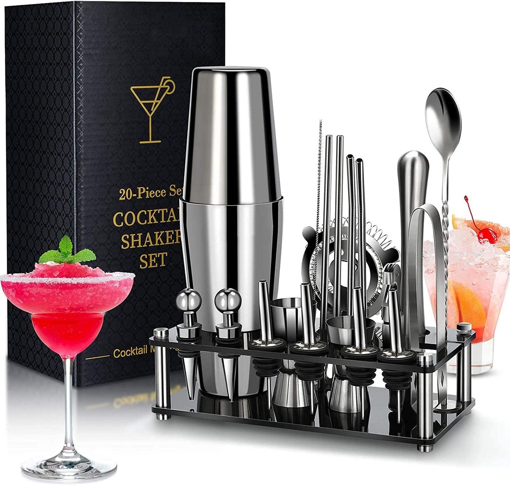 YOTOCOOL 20 Piece Stainless Steel Cocktail Shaker Set Bartender Kit, 25oz Boston Shaker Tool Set with Acrylic Stand and Recipes, Perfect Bar Tools Set for Drink Mixing Home or Parties Bar