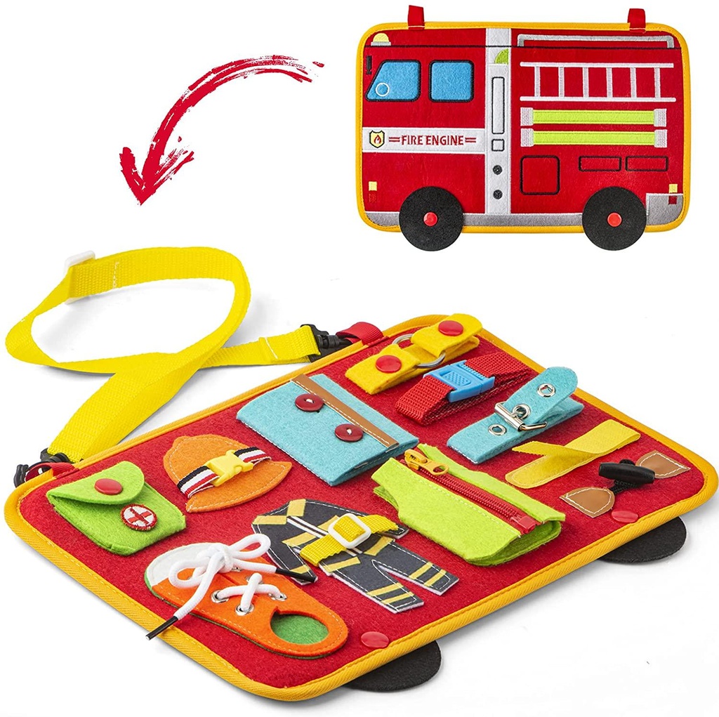 Busy Board,Fire Truck Style Activity Board(14 in 1),Toddlers Sensory Toy Montessori Toy for Fine Motor Skills and Learn to Dress, Preschool Educational Kids Gift,Learning Toy for Airplane Car Travel