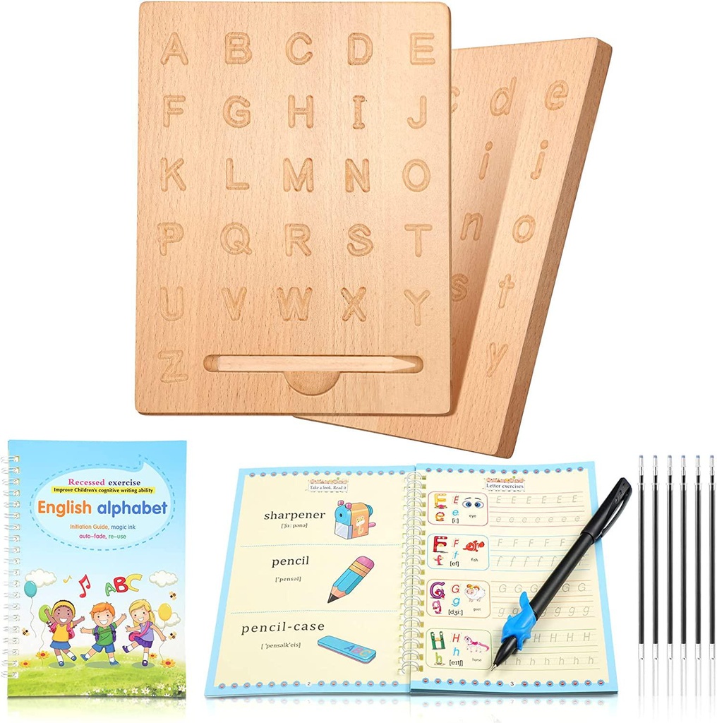 Montessori Wooden Alphabet Tracing Board Wooden Language Practicing Board Double-Sided Learning Writing Tracing Board with Workbook Wrist Developer and Pen for Preschool Kids (Alphabet Style)