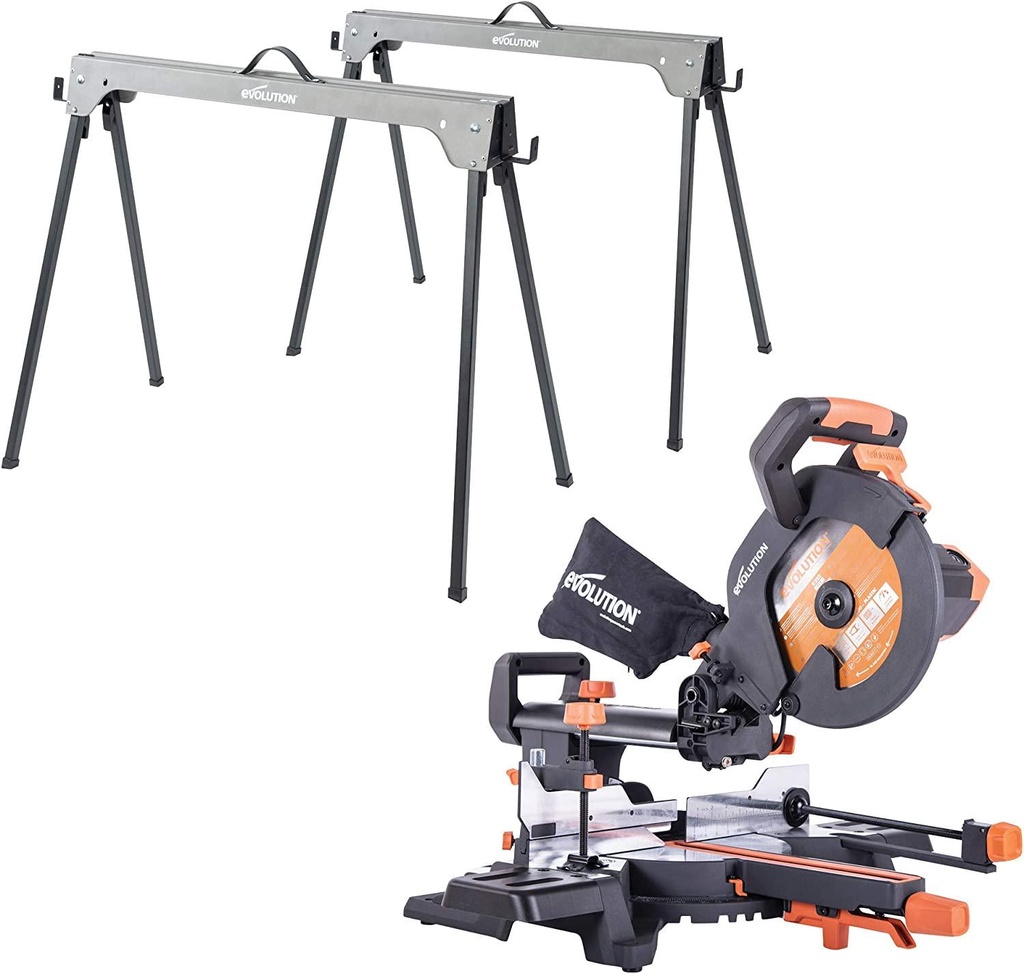 Evolution Power Tools Compact Folding Saw Horses (Pair) Supports up to 500KG with Evolution Power Tools 052-0001A R255SMS+, 255mm (230V)
