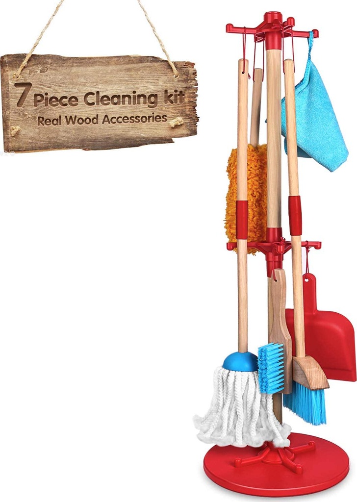 Kids Cleaning Set 7 Piece - Wooden Detachable Toy Cleaning Set Includes Kid-Sized with Housekeeping Broom, Mop, Duster, Dustpan, Brush, Rag, and Organizing Stand for Toy Kitchen Toddler Cleaning Set