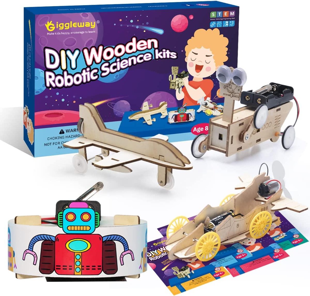 Giggleway DIY Wooden Robotic Science Kits, Model Car Kits for Kids, Hands on STEM Learning Projects, 3D Puzzles Building Kits for Kids Ages 8-12- Reptile Robot, Sweeping Robot, Air-Powered Car, Plane
