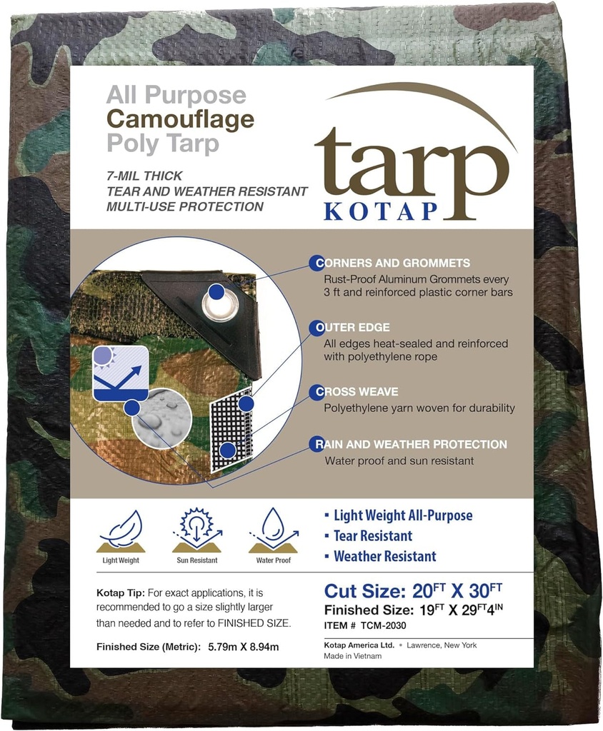 Kotap TCM-2030 Camouflage, Waterproof All-Purpose Multi-Use 7-Mil Poly Tarp, 20 X 30 Ft