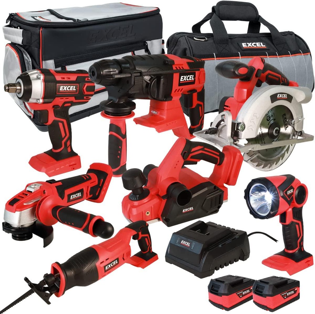 Excel 18V Cordless 7 Piece Power Tool Kit with 2 x 5.0Ah Batteries and Charger in Bag EXL10206 - Combo Kit - Monster Power Tool Kit - 18V Cordless Power Tool Kits - Mega Power Tool - 7 Piece Tool Kit
