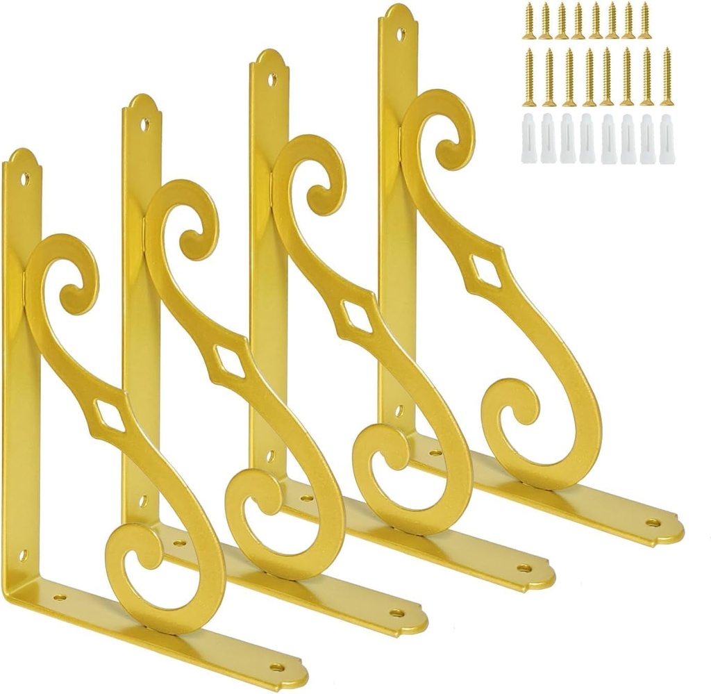 Z METNAL Decorative Shelf Brackets, 5 Inch Brass Metal Shelves Bracket, Gold Metal Wall Decor, Heavy Duty Modern Shelving Bracket for DIY Floating Shelves, Gold, 4 Pcs