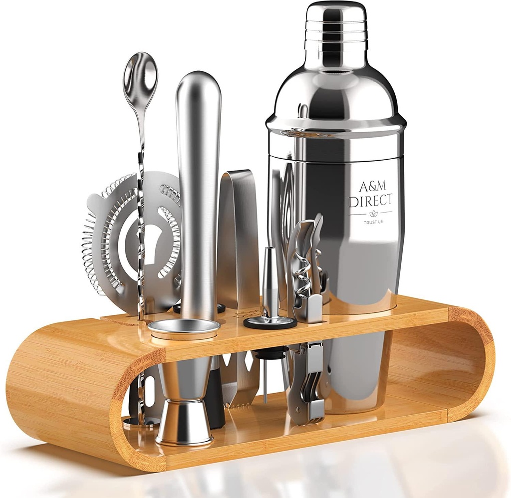 Cocktail Set Bartender Kit and Cocktail Shaker: 10-Piece Bar Tool Set with Stylish Bamboo Stand | Perfect Home Bartending Kit and Martini Cocktail Shaker Set for an Awesome Drink Mixing Experience
